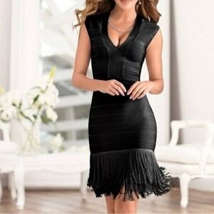 VENUS Black Sleeveless V-Neck Fringe Hem Bandage Mini Dress